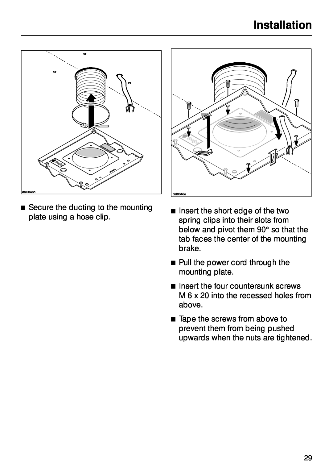 Miele DA270 installation instructions Pull the power cord through the mounting plate 