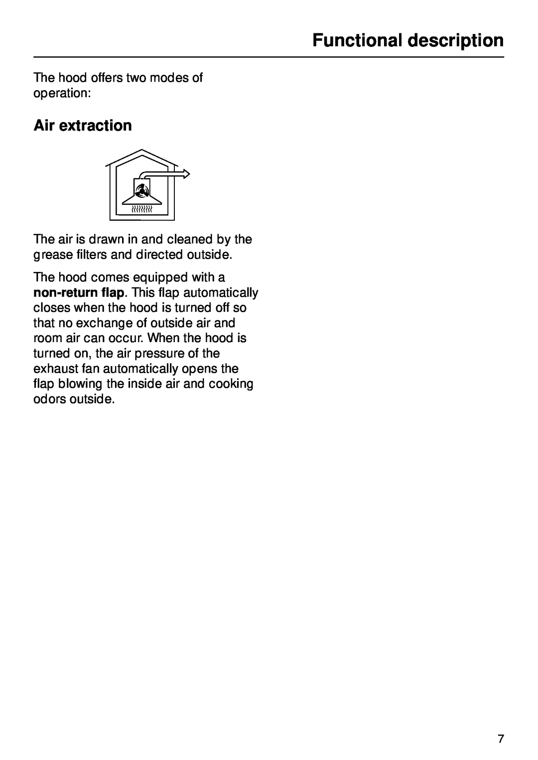 Miele DA270 installation instructions Functional description, Air extraction 