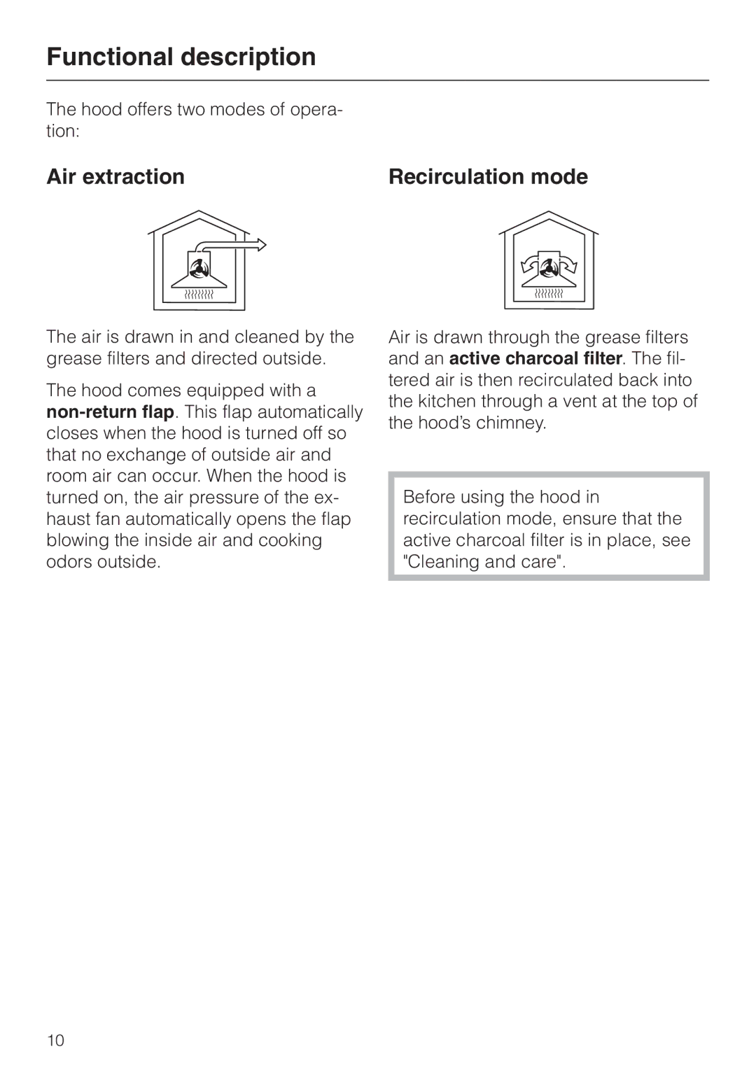 Miele DA279-3 installation instructions Functional description, Air extraction, Recirculation mode 