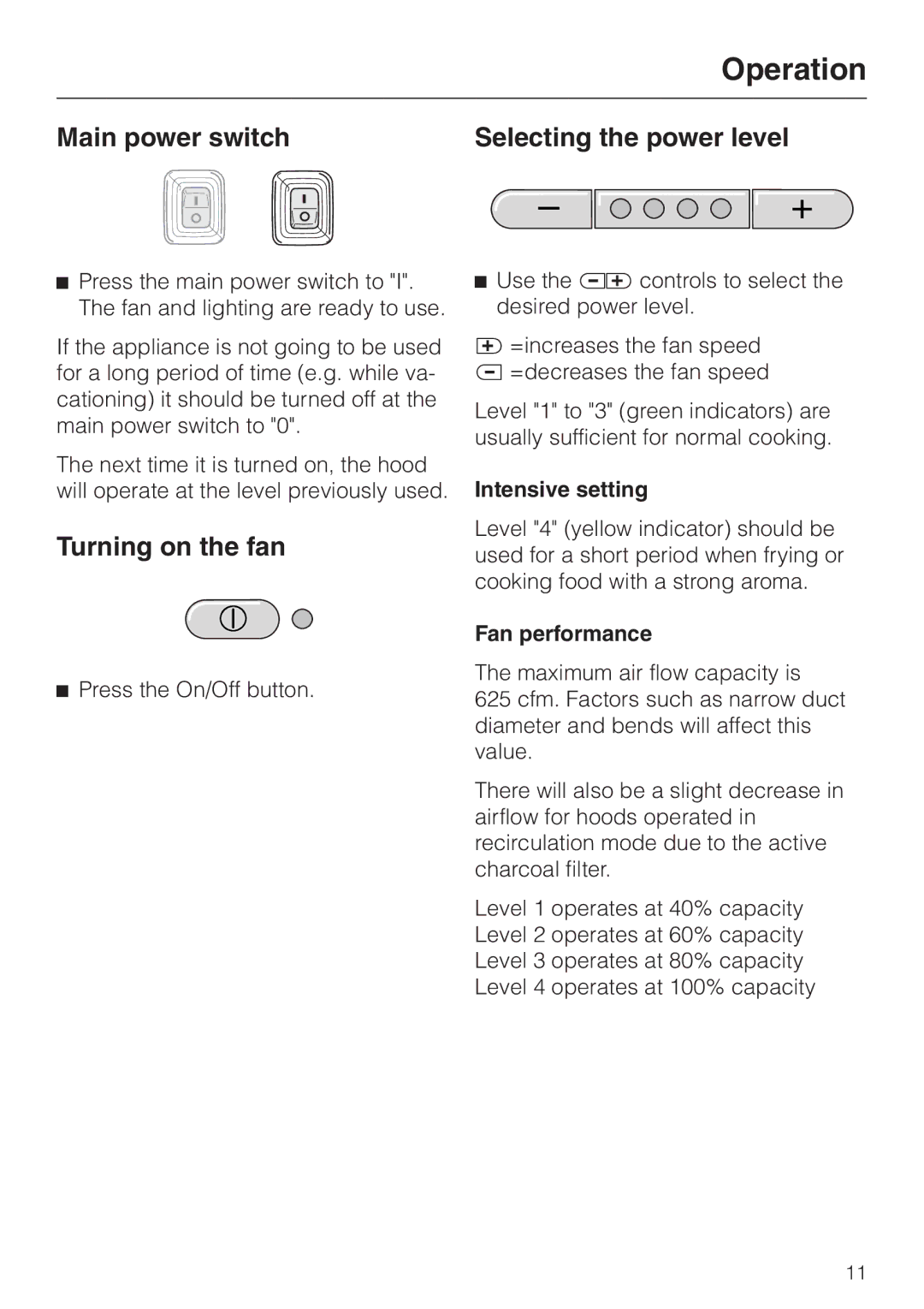 Miele DA279-3 Operation, Main power switch Selecting the power level, Turning on the fan, Intensive setting 