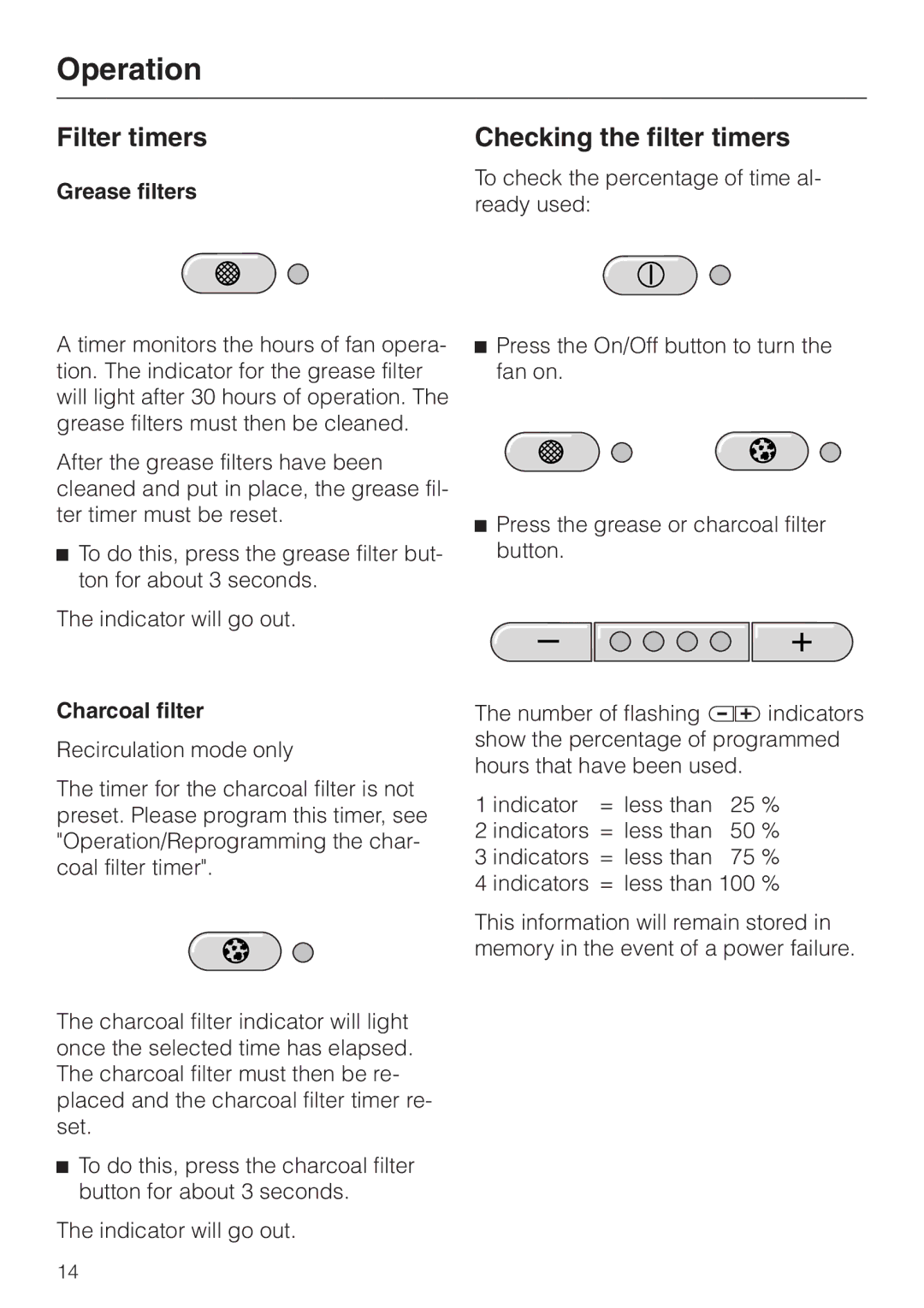 Miele DA279-3 installation instructions Filter timers, Checking the filter timers, Grease filters, Charcoal filter 