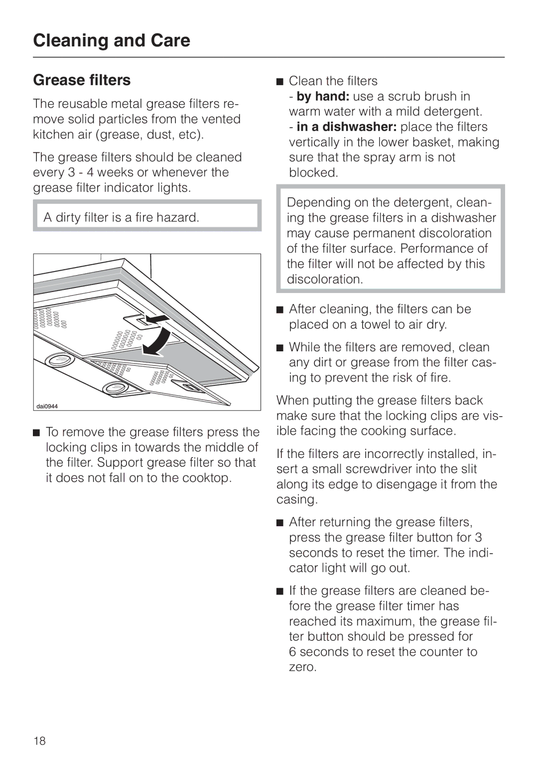 Miele DA279-3 installation instructions Grease filters 