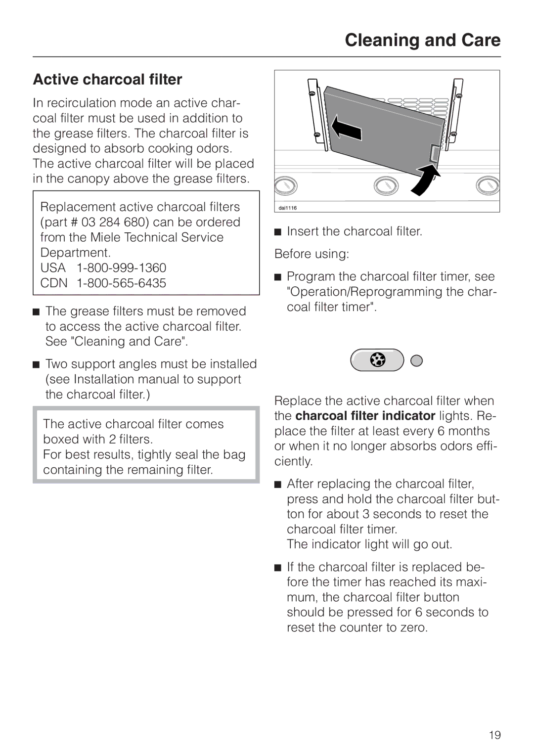 Miele DA279-3 installation instructions Active charcoal filter, Insert the charcoal filter 