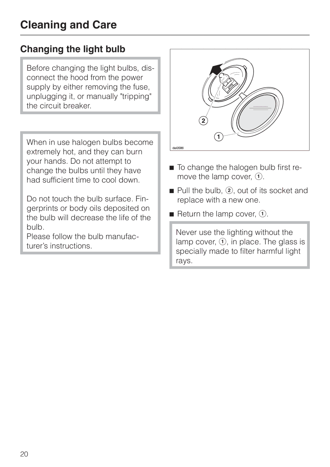 Miele DA279-3 installation instructions Changing the light bulb 