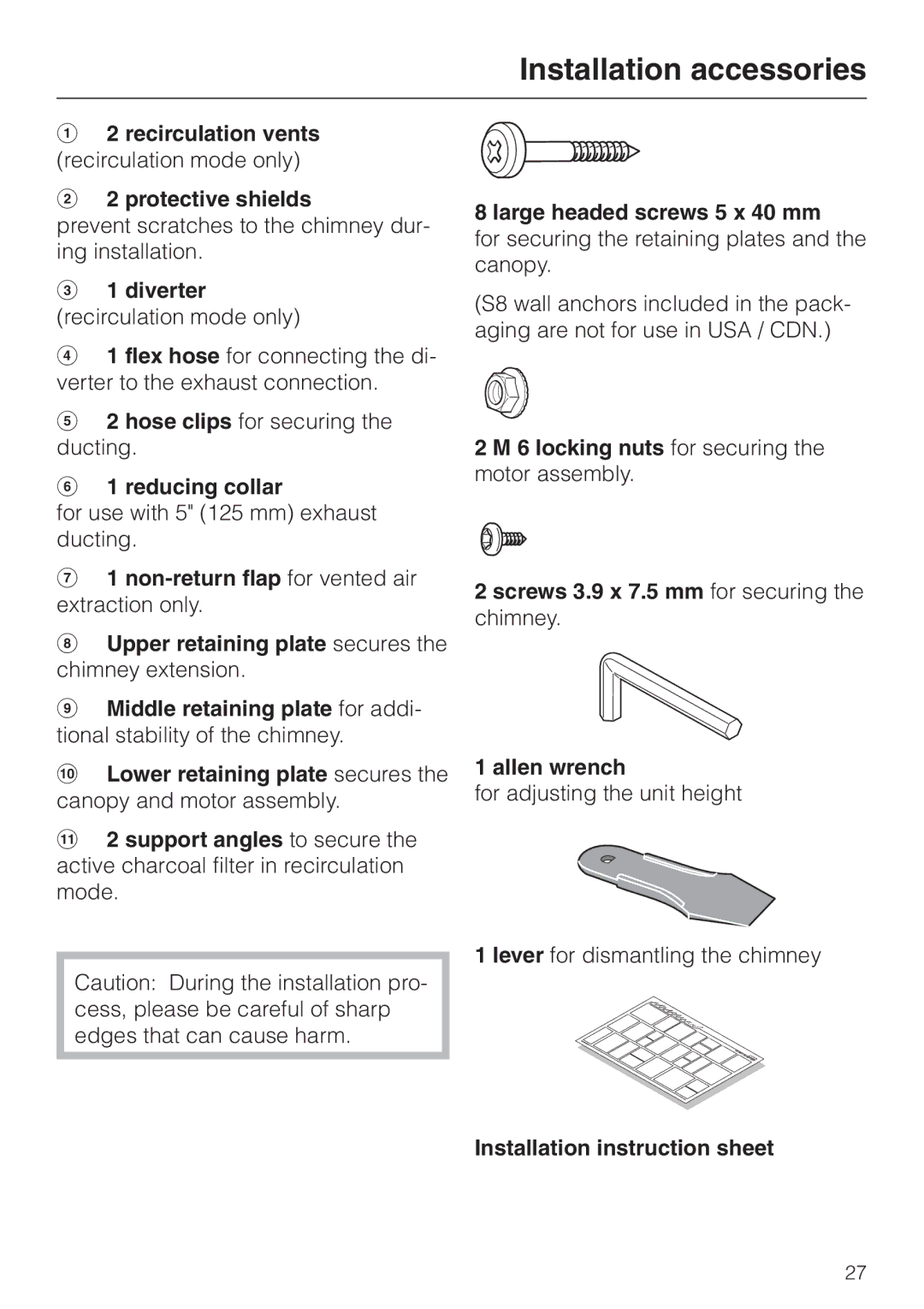 Miele DA279-3 installation instructions Diverter recirculation mode only, Reducing collar, Installation instruction sheet 