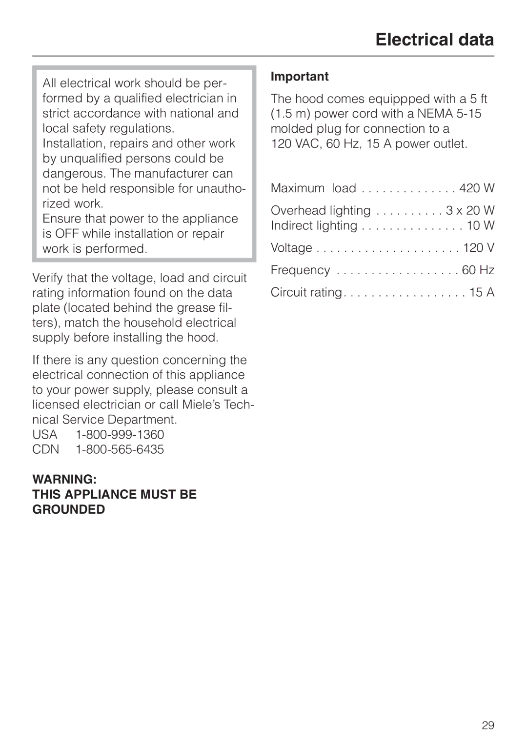 Miele DA279-3 installation instructions Electrical data, This Appliance Must be Grounded 