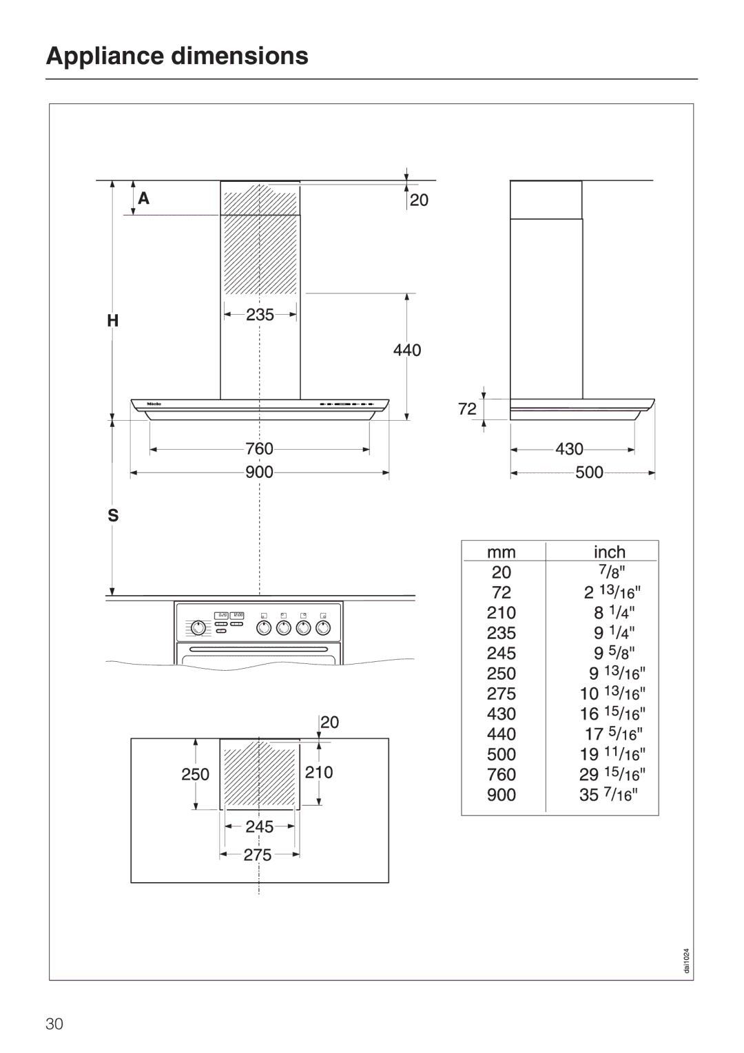 Miele DA279-3 installation instructions Appliance dimensions 