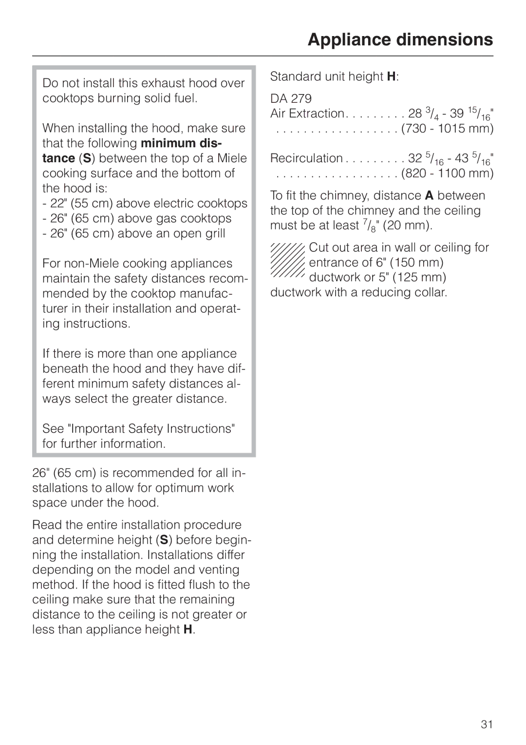 Miele DA279-3 installation instructions Appliance dimensions 