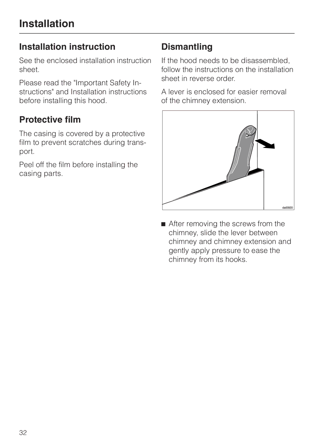 Miele DA279-3 installation instructions Installation instruction, Dismantling, Protective film 