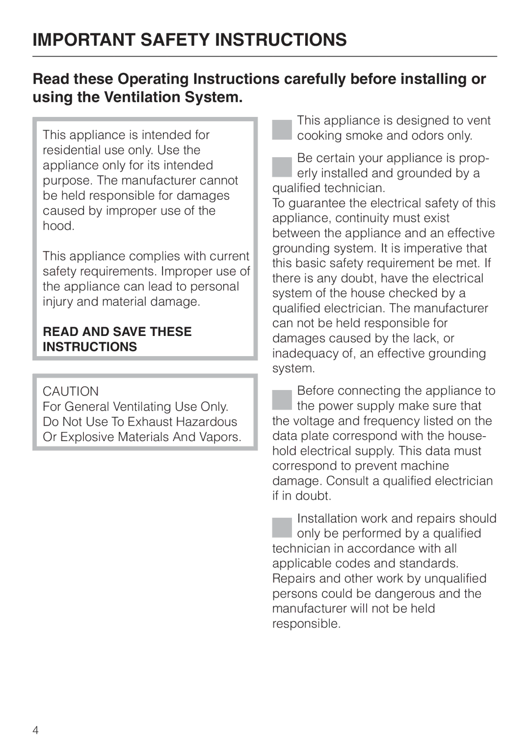 Miele DA279-3 installation instructions Important Safety Instructions 