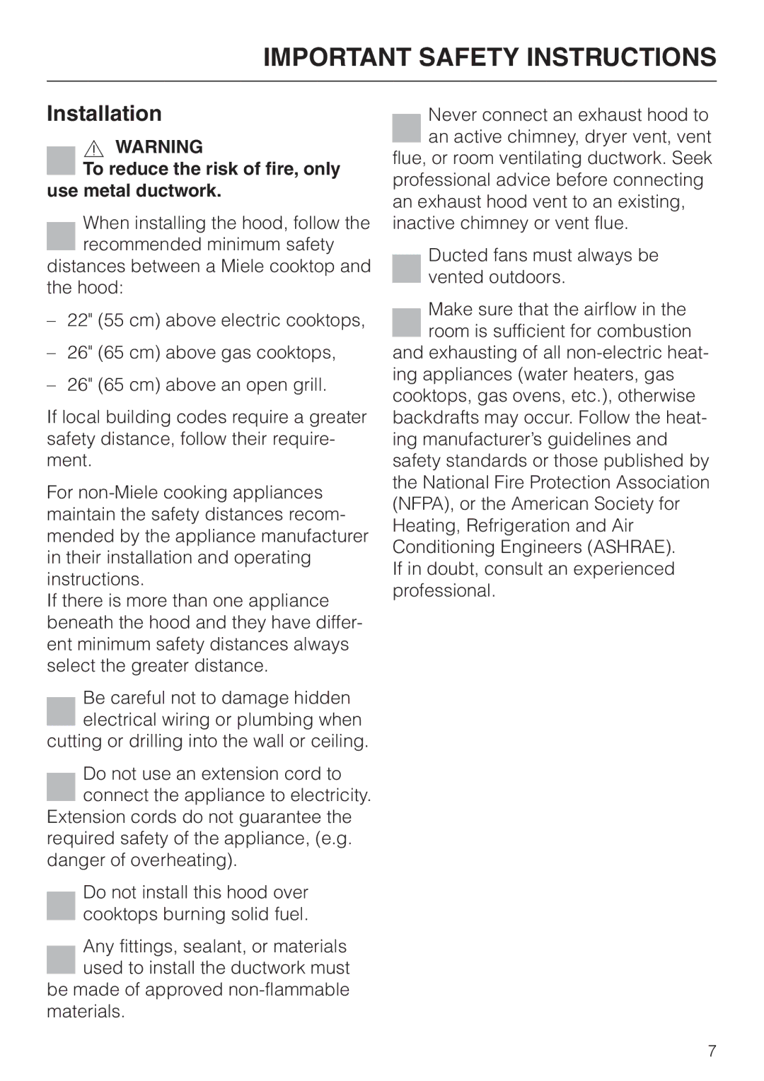 Miele DA279-3 installation instructions Installation, To reduce the risk of fire, only use metal ductwork 