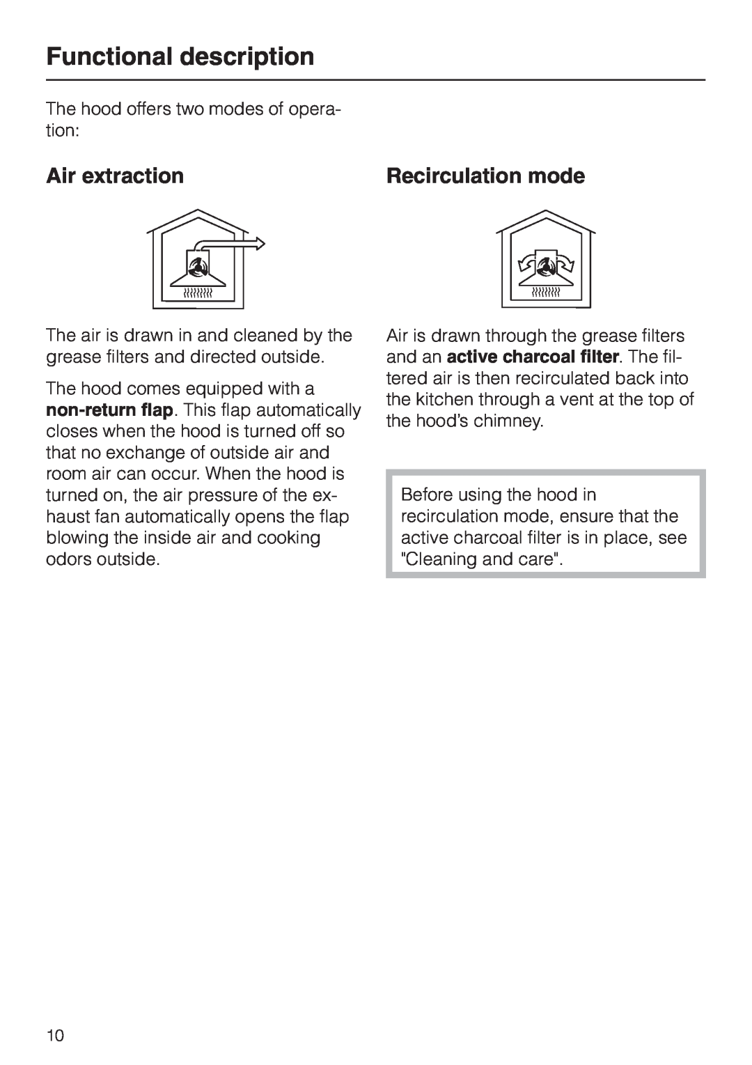 Miele DA279-3 installation instructions Functional description, Air extraction, Recirculation mode 