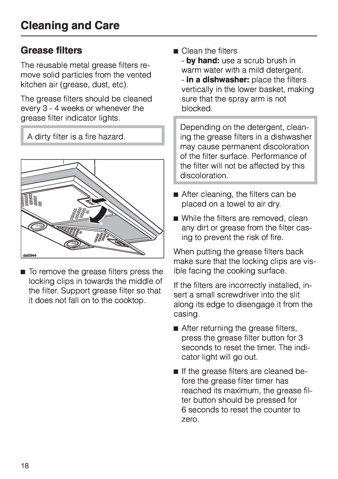 Miele DA279-3 installation instructions Grease filters, Cleaning and Care 
