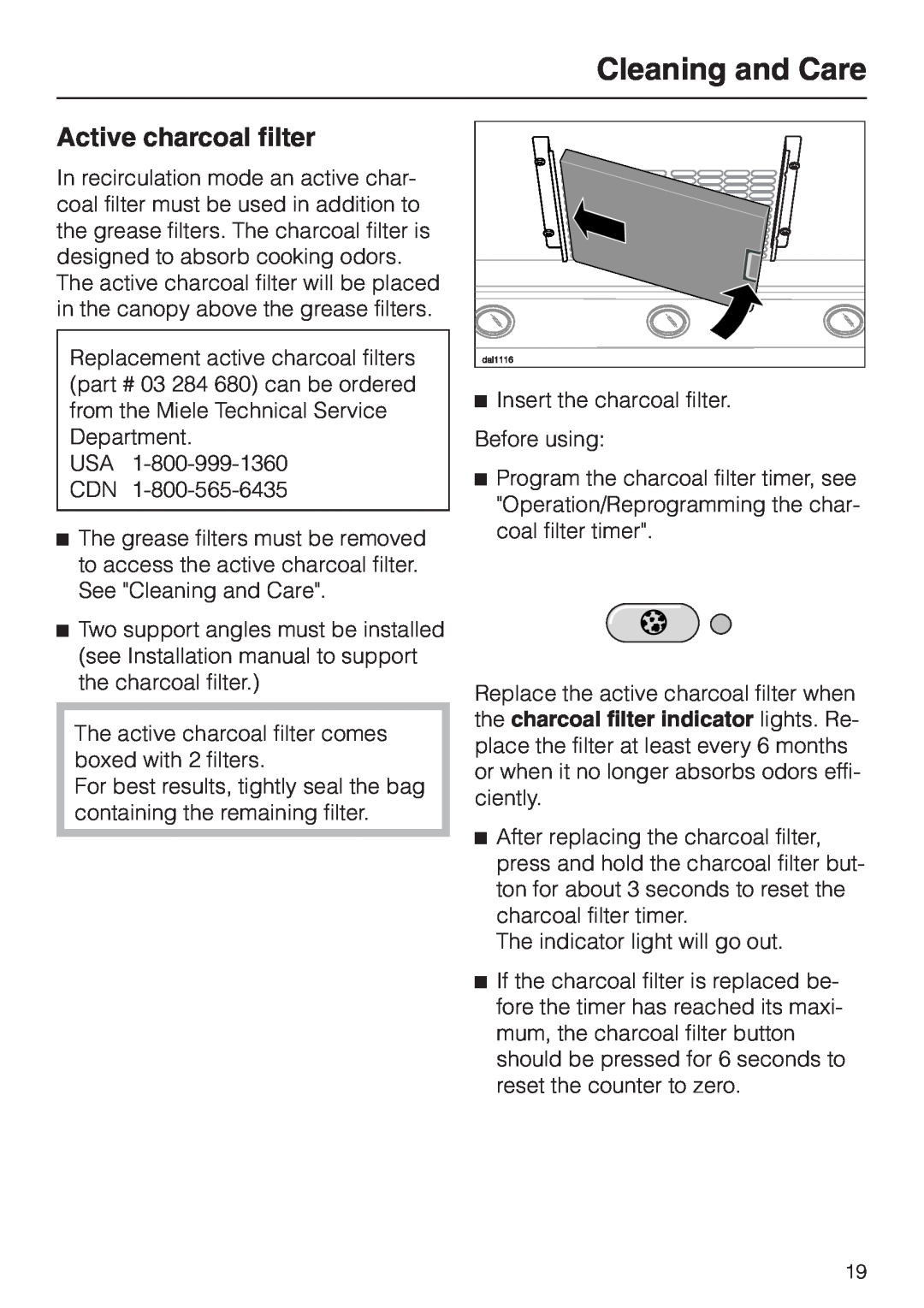 Miele DA279-3 installation instructions Active charcoal filter, Insert the charcoal filter, Cleaning and Care 