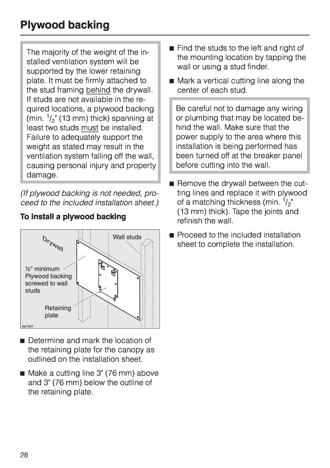 Miele DA279-3 installation instructions Plywood backing, To install a plywood backing 