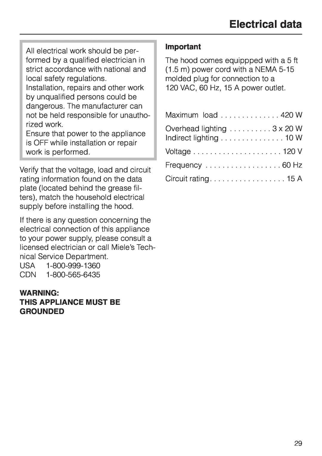 Miele DA279-3 installation instructions Electrical data, This Appliance Must Be Grounded 
