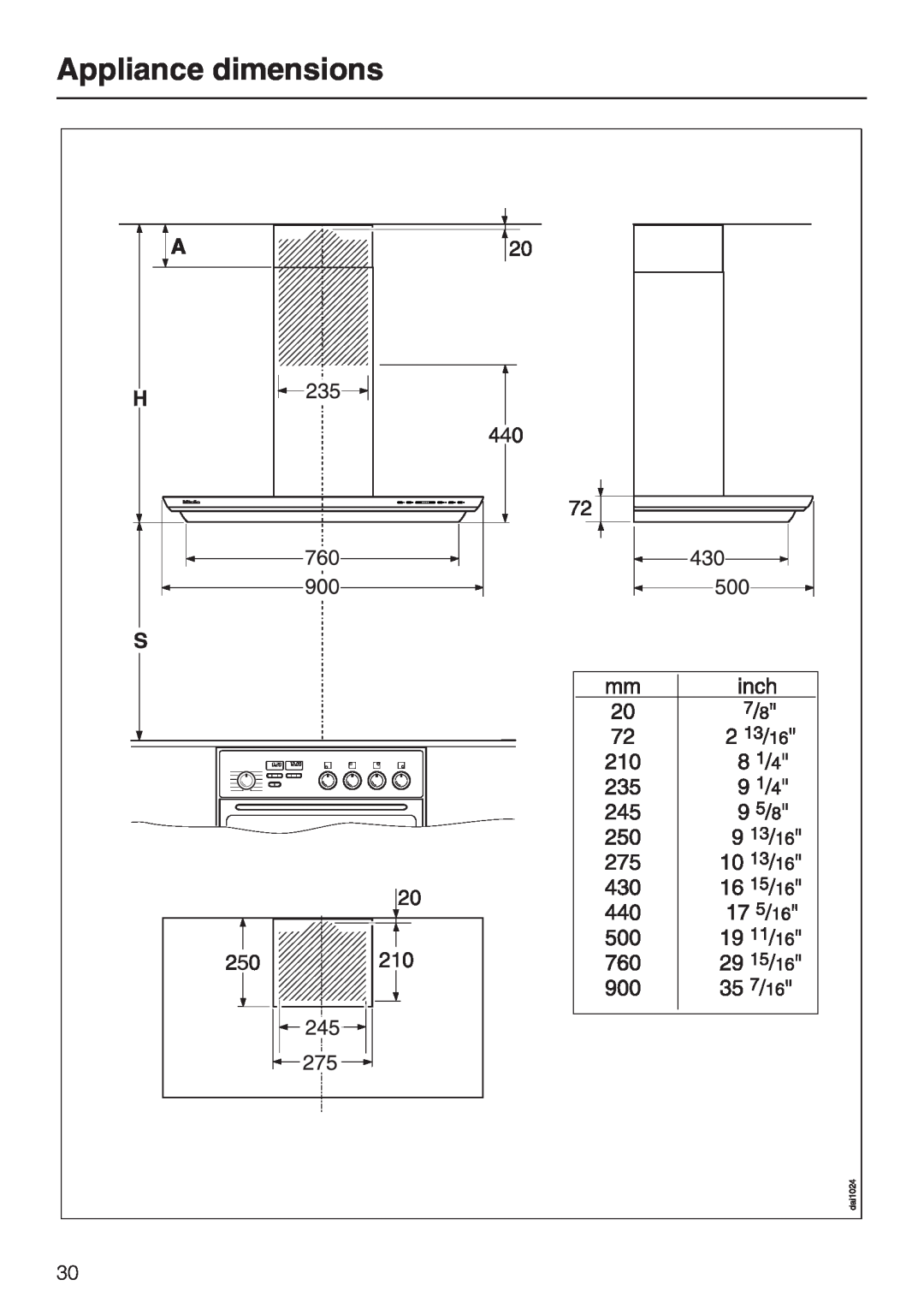 Miele DA279-3 installation instructions Appliance dimensions 