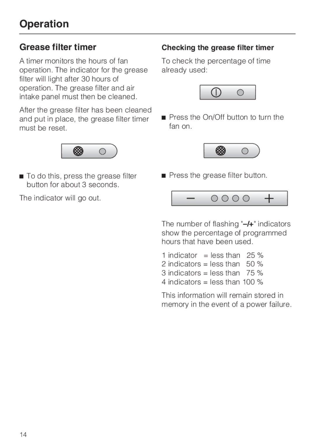 Miele DA289-4 installation instructions Grease filter timer 