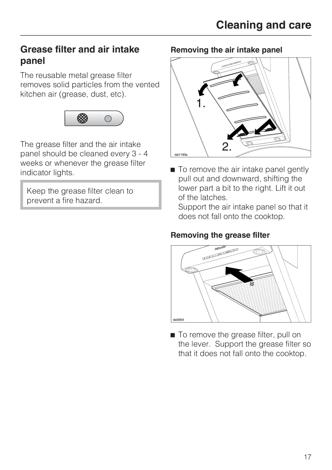 Miele DA289-4 Grease filter and air intake panel, Removing the air intake panel, Removing the grease filter 