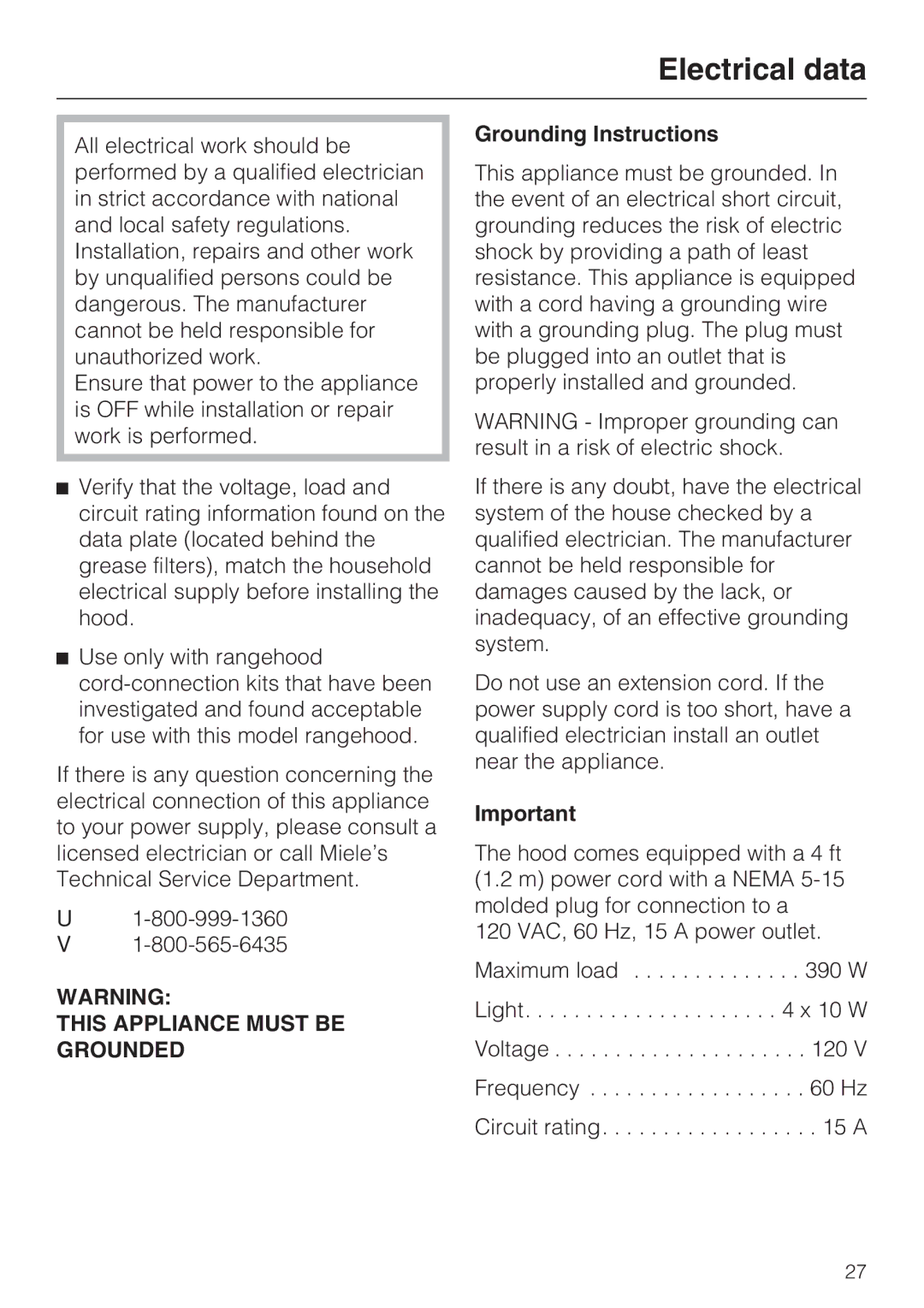 Miele DA289-4 installation instructions Electrical data, Grounding Instructions 