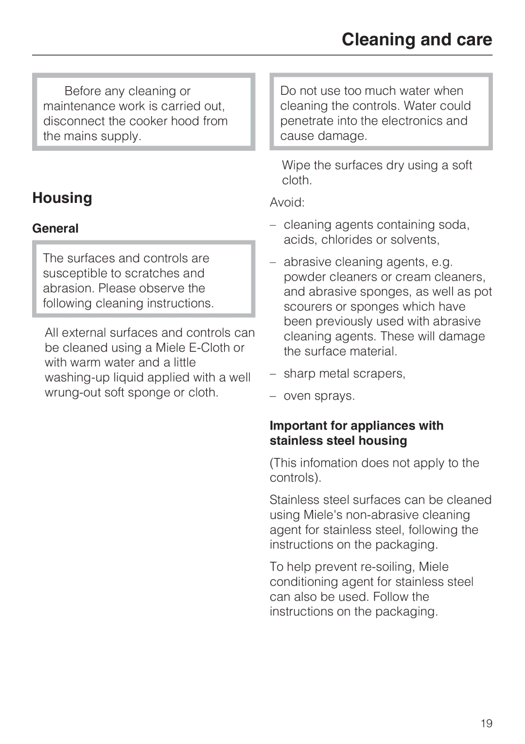 Miele DA2900EXT Cleaning and care, Housing, General, Important for appliances with stainless steel housing 