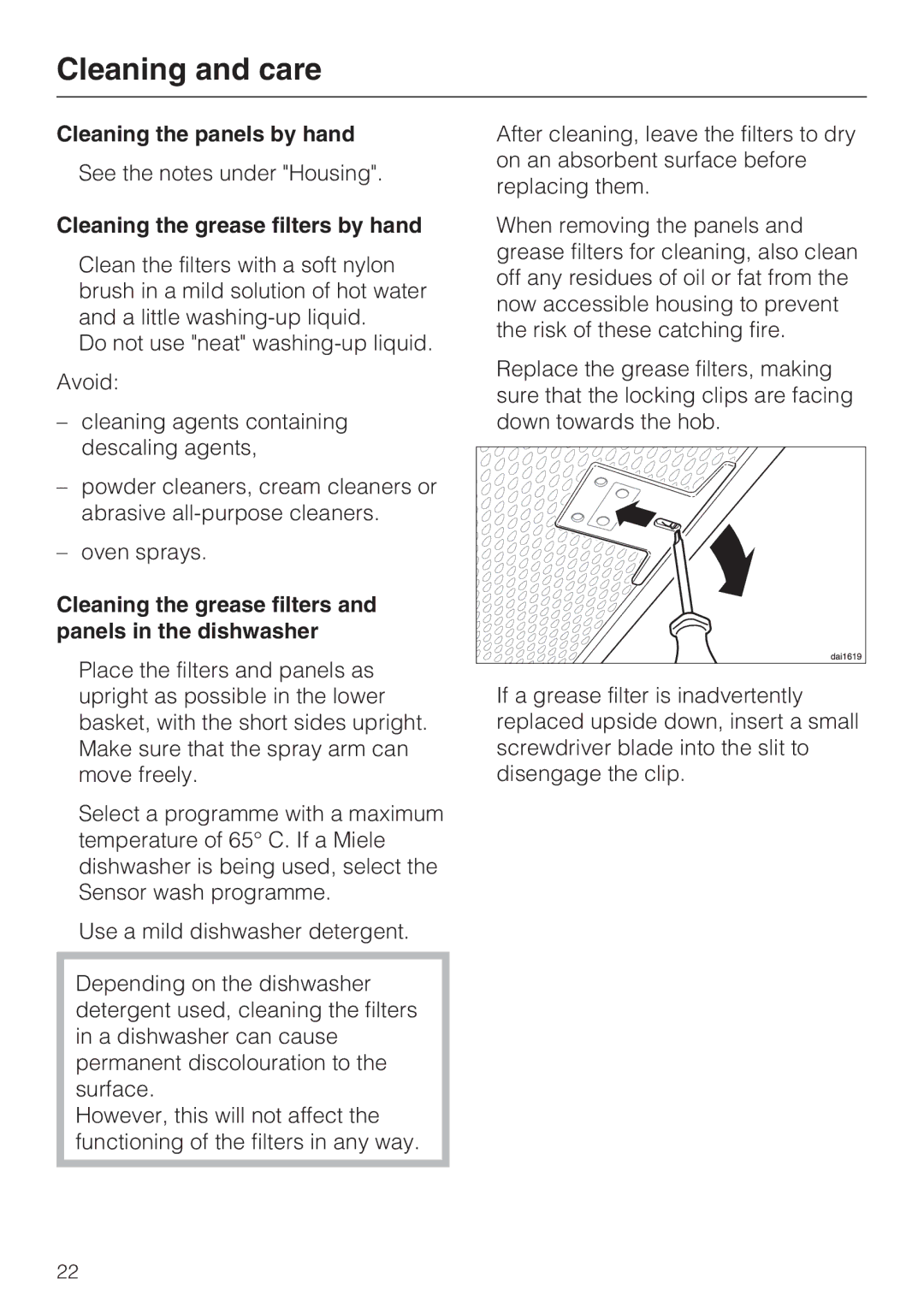 Miele DA2900EXT installation instructions Cleaning the panels by hand, Cleaning the grease filters by hand 