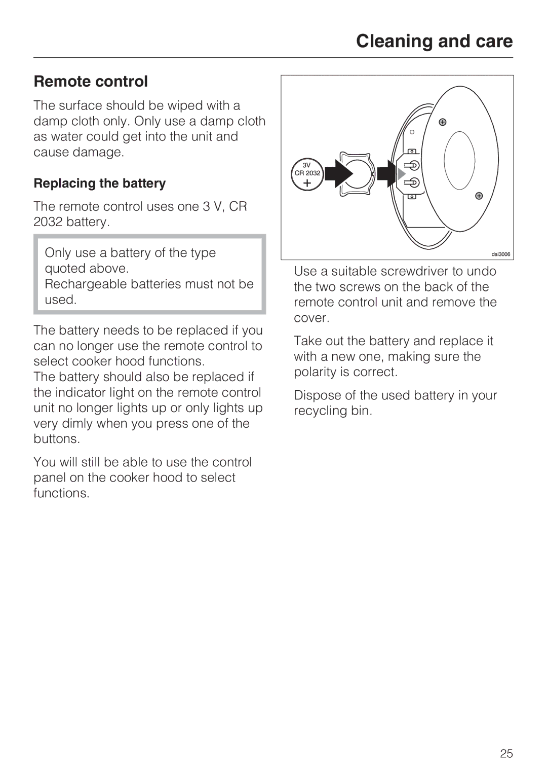 Miele DA2900EXT installation instructions Remote control, Replacing the battery 