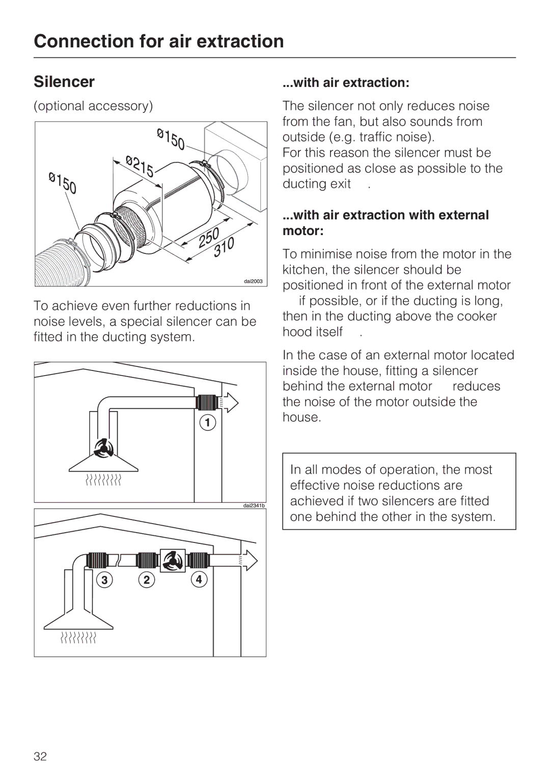 Miele DA2900EXT installation instructions Silencer, With air extraction with external motor 