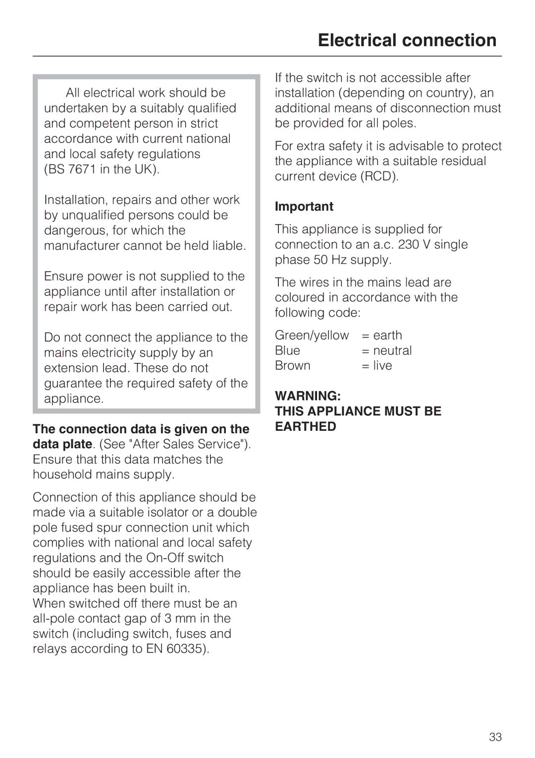 Miele DA2900EXT installation instructions Electrical connection 