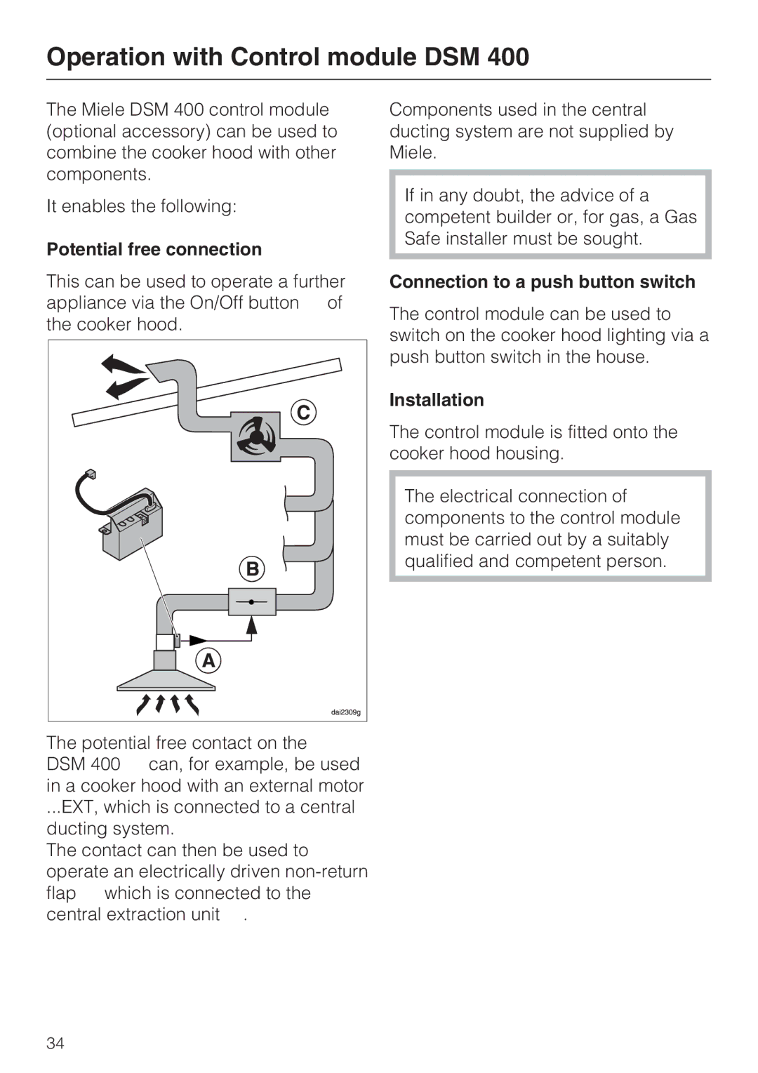 Miele DA2900EXT Operation with Control module DSM, Potential free connection, Connection to a push button switch 