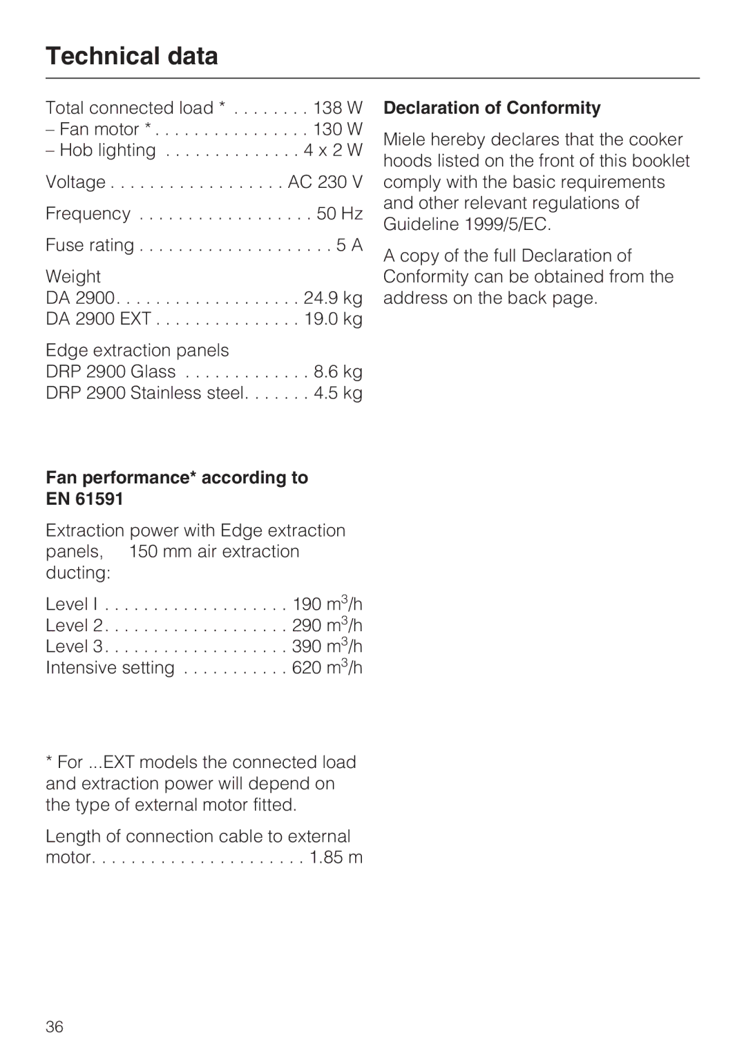 Miele DA2900EXT installation instructions Technical data, Declaration of Conformity, Fan performance* according to EN 