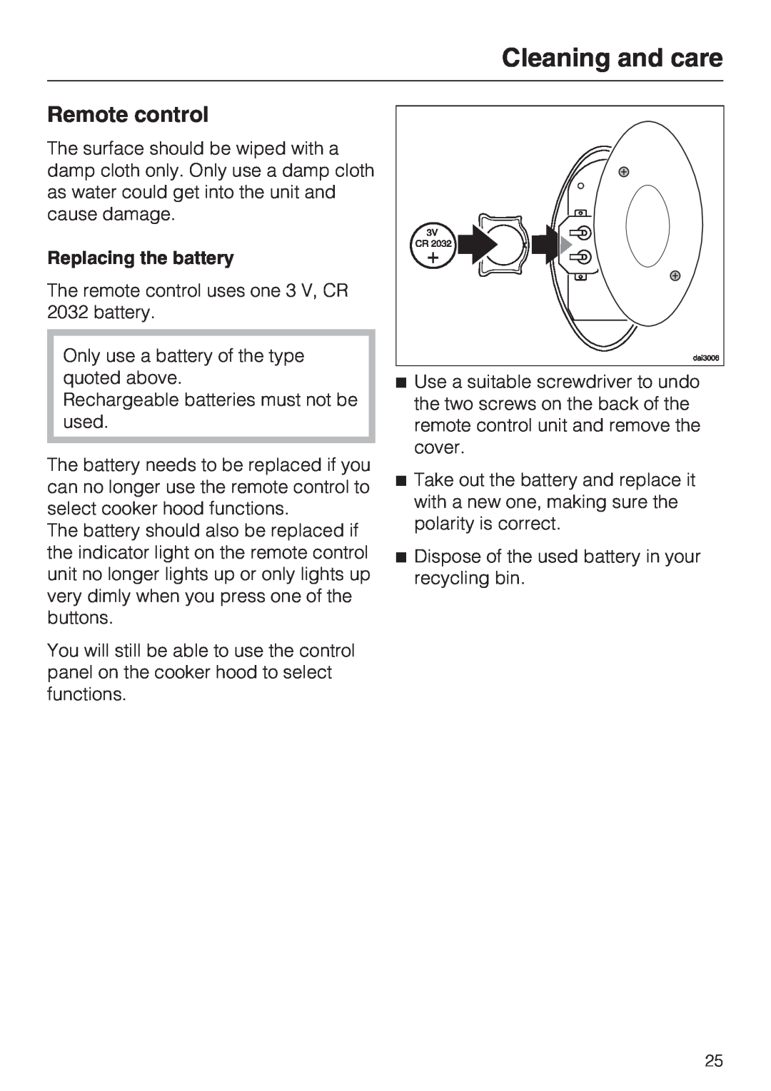Miele DA2900EXT installation instructions Replacing the battery, Cleaning and care, Remote control 