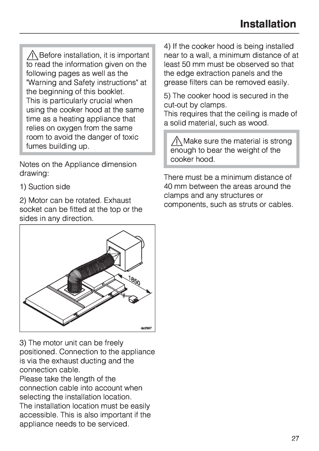 Miele DA2900EXT installation instructions Installation, Notes on the Appliance dimension drawing 