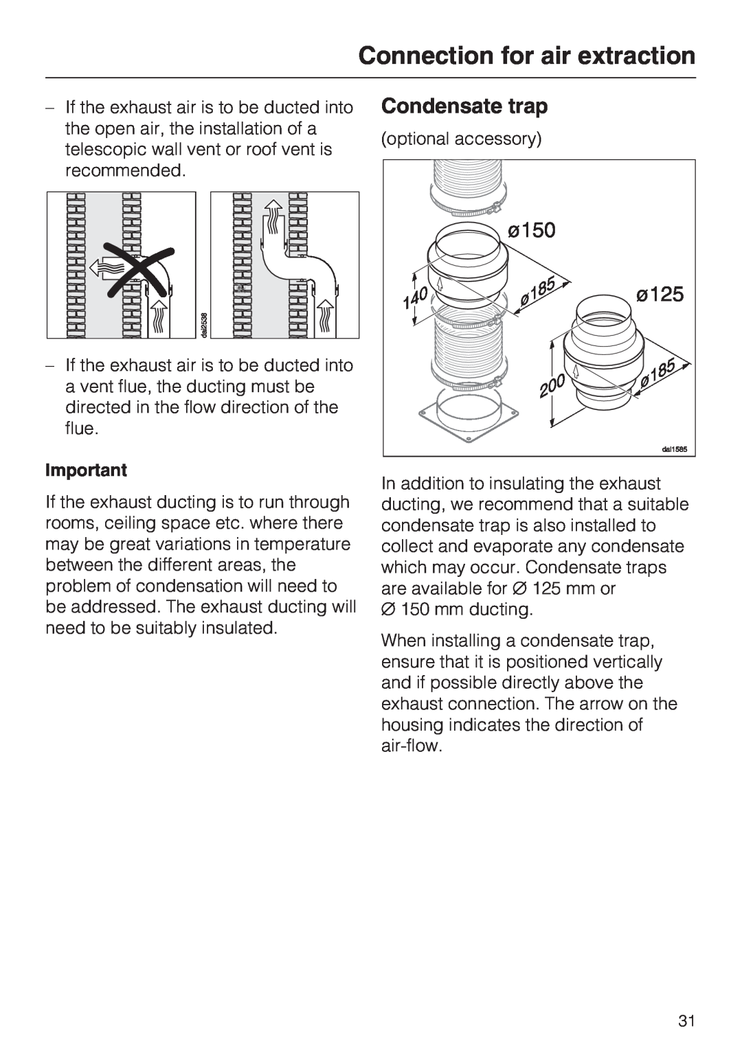 Miele DA2900EXT installation instructions Condensate trap, Connection for air extraction 