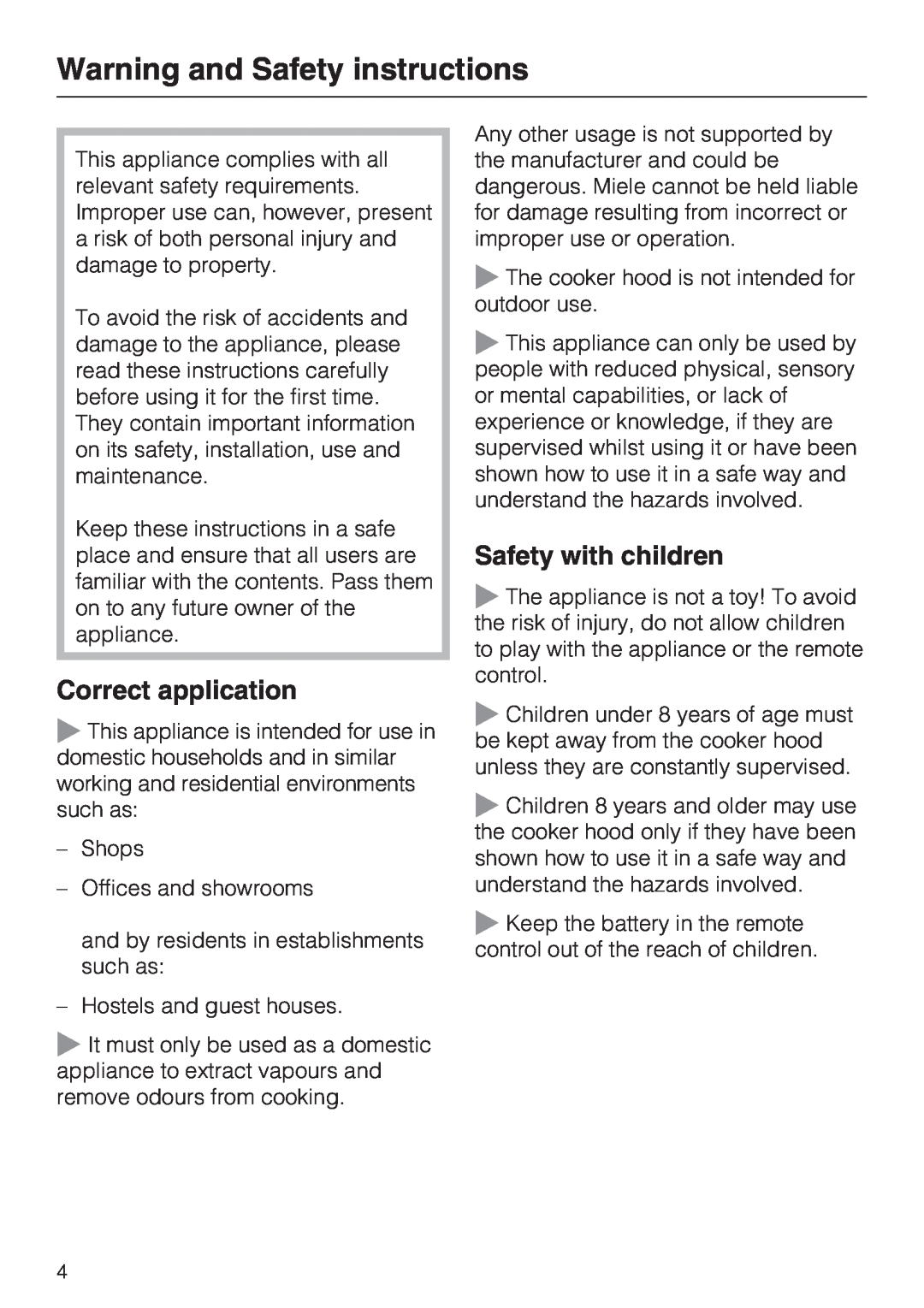 Miele DA2900EXT installation instructions Warning and Safety instructions, Correct application, Safety with children 