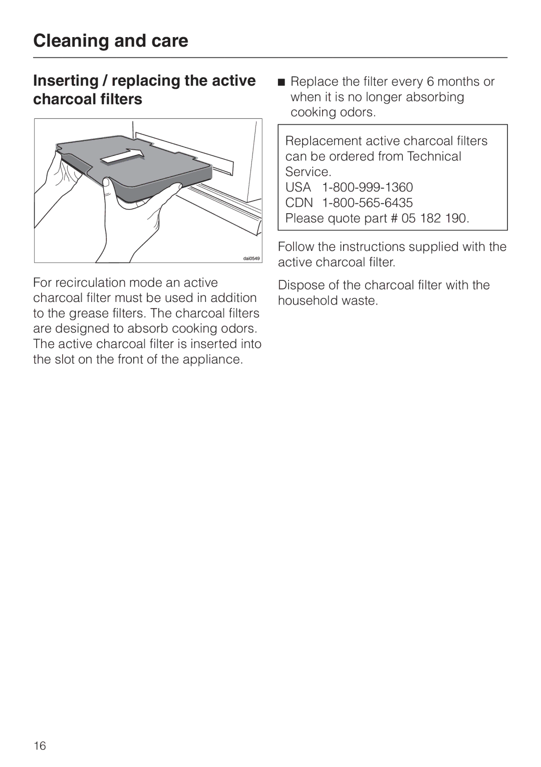 Miele DA326-1I, DA329-1I installation instructions Inserting / replacing the active charcoal filters 