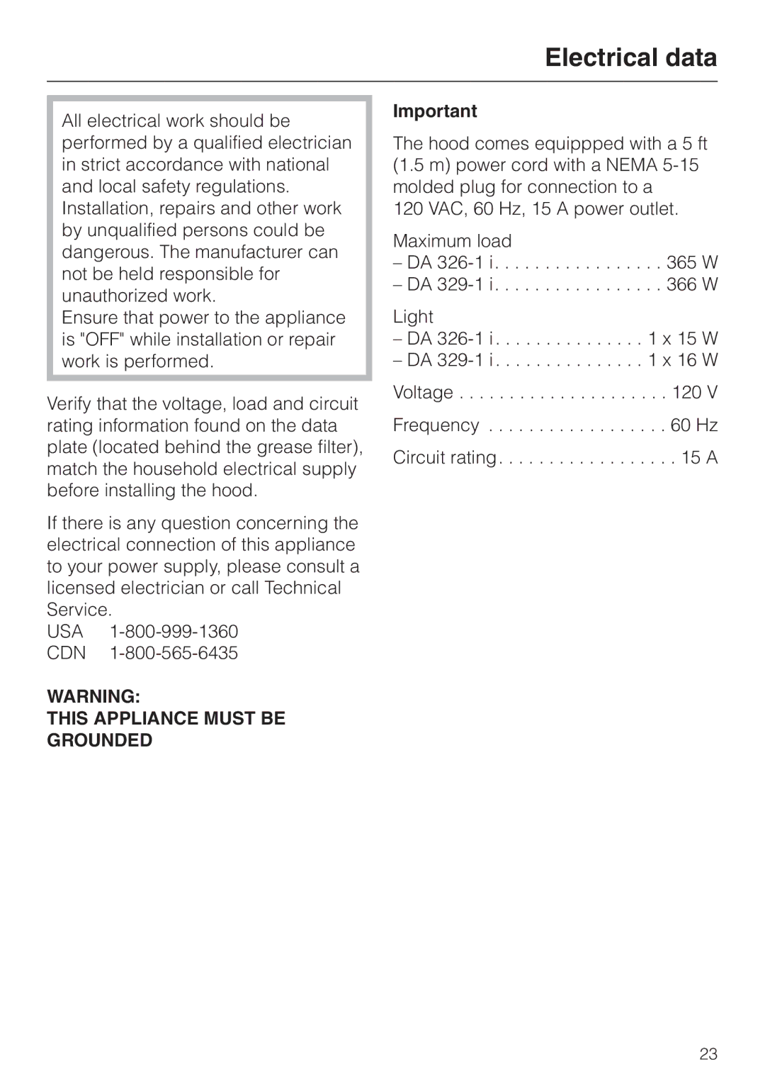 Miele DA329-1I, DA326-1I installation instructions Electrical data, This Appliance Must be Grounded 