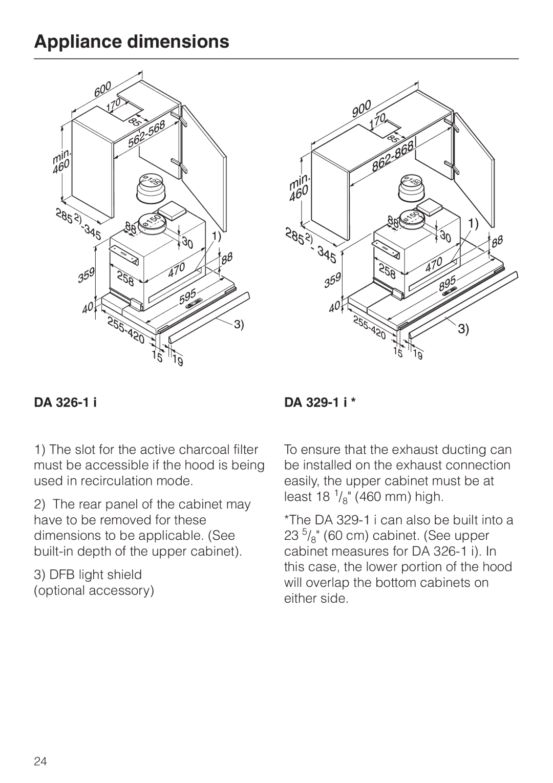 Miele DA326-1I, DA329-1I installation instructions Appliance dimensions, DA 326-1 DA 329-1 