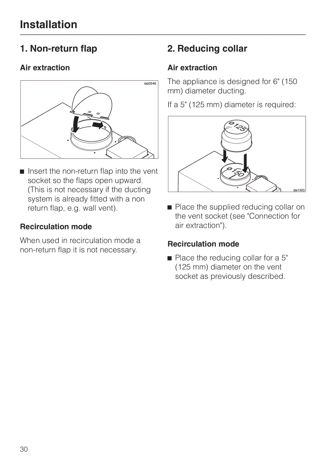 Miele DA326-1I, DA329-1I installation instructions Non-return flap Reducing collar, Air extraction, Recirculation mode 