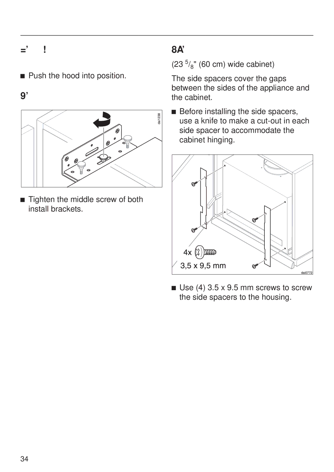 Miele DA326-1I, DA329-1I Align the depth of the appliance, Secure the appliance, Install side spacers 