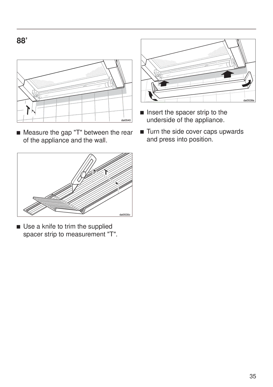 Miele DA329-1I, DA326-1I installation instructions Spacer strip for the rear, Appliance 