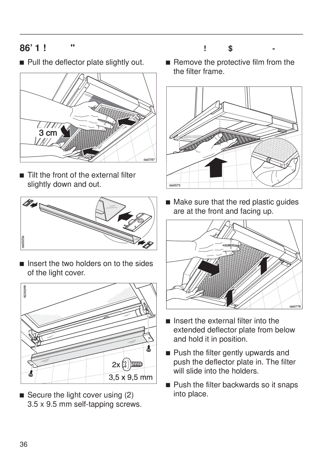 Miele DA326-1I, DA329-1I Light cover, Pull the deflector plate slightly out, Reinserting the external filter 