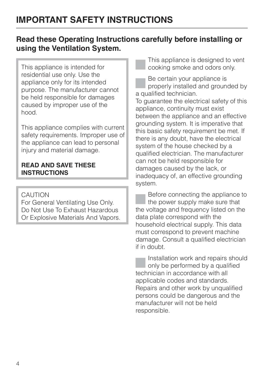 Miele DA326-1I, DA329-1I installation instructions Important Safety Instructions 