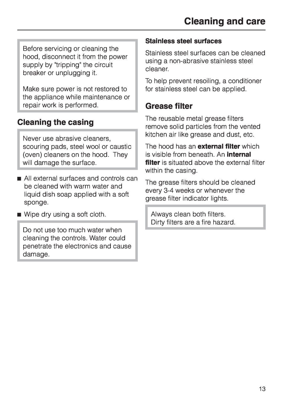 Miele DA329-1I, DA326-1I installation instructions Cleaning and care, Cleaning the casing, Grease filter 
