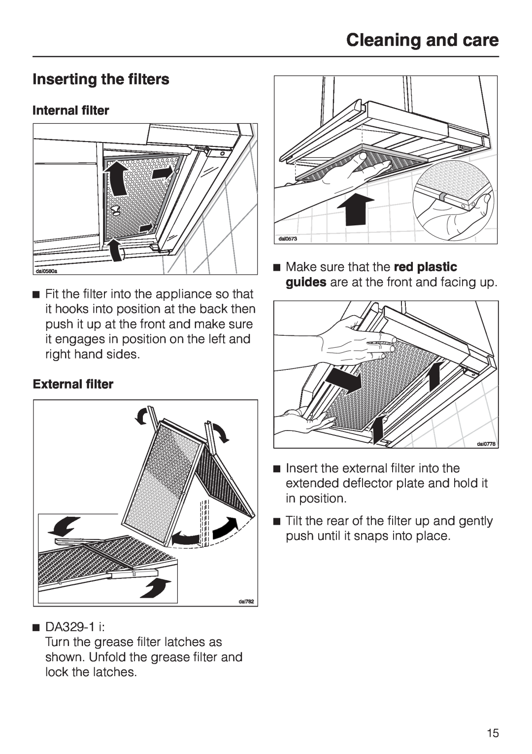 Miele DA329-1I, DA326-1I installation instructions Cleaning and care, Inserting the filters 