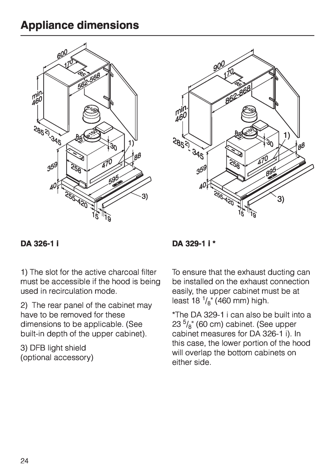 Miele DA326-1I, DA329-1I installation instructions Appliance dimensions 