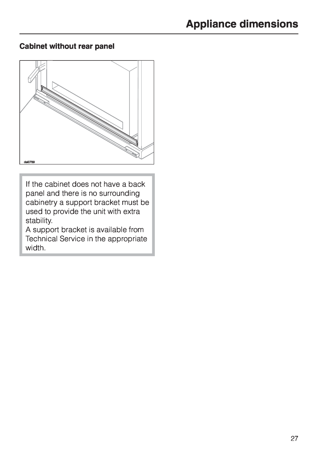 Miele DA329-1I, DA326-1I installation instructions Appliance dimensions, Cabinet without rear panel 