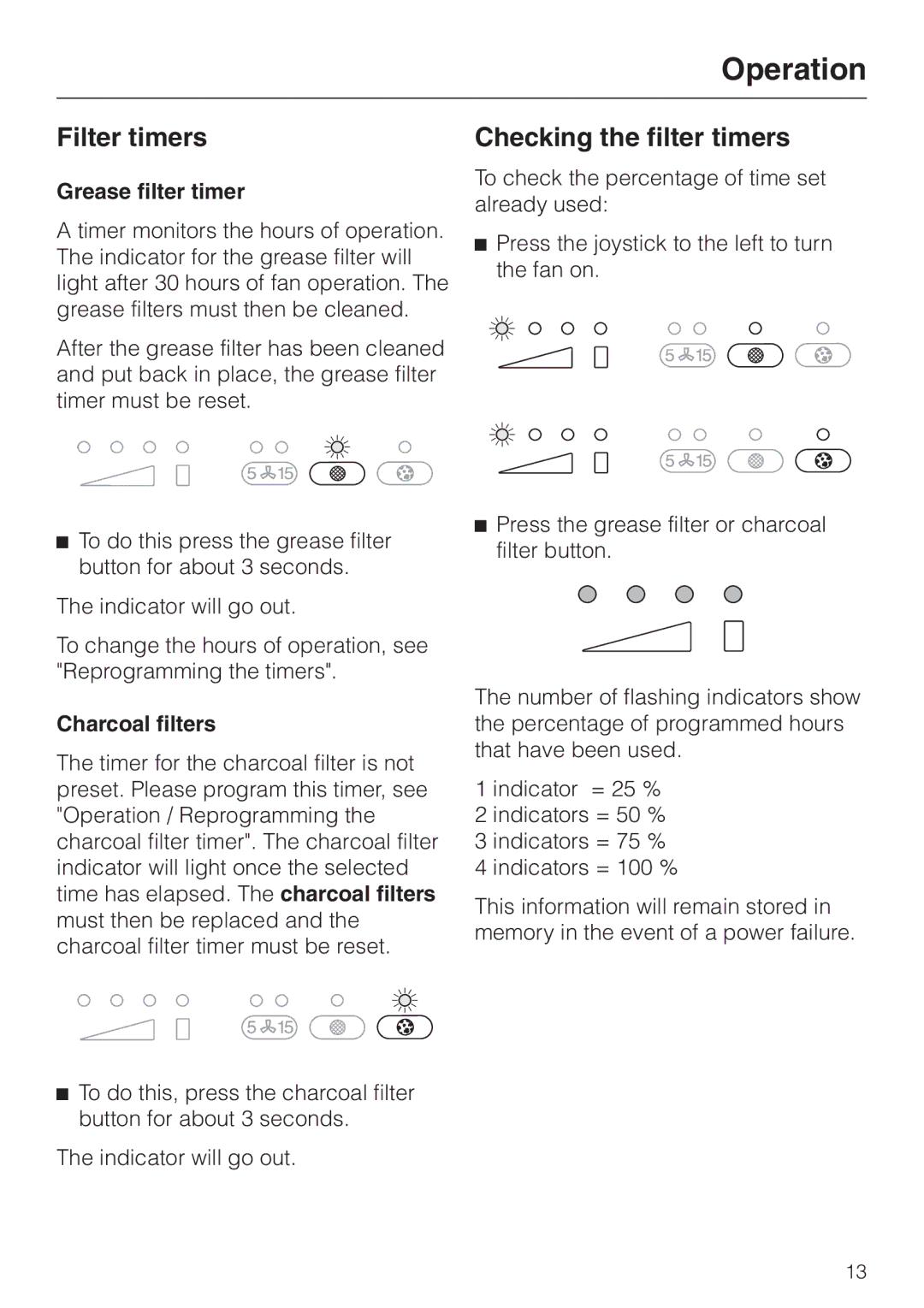 Miele DA362-110 installation instructions Filter timers, Checking the filter timers, Grease filter timer, Charcoal filters 