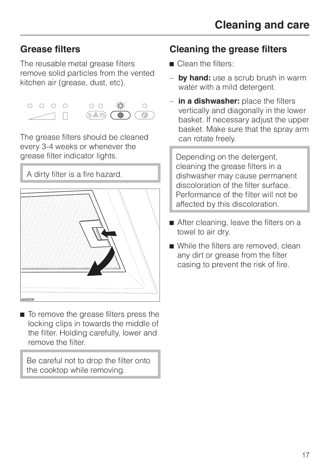 Miele DA362-110 installation instructions Grease filters, Cleaning the grease filters 