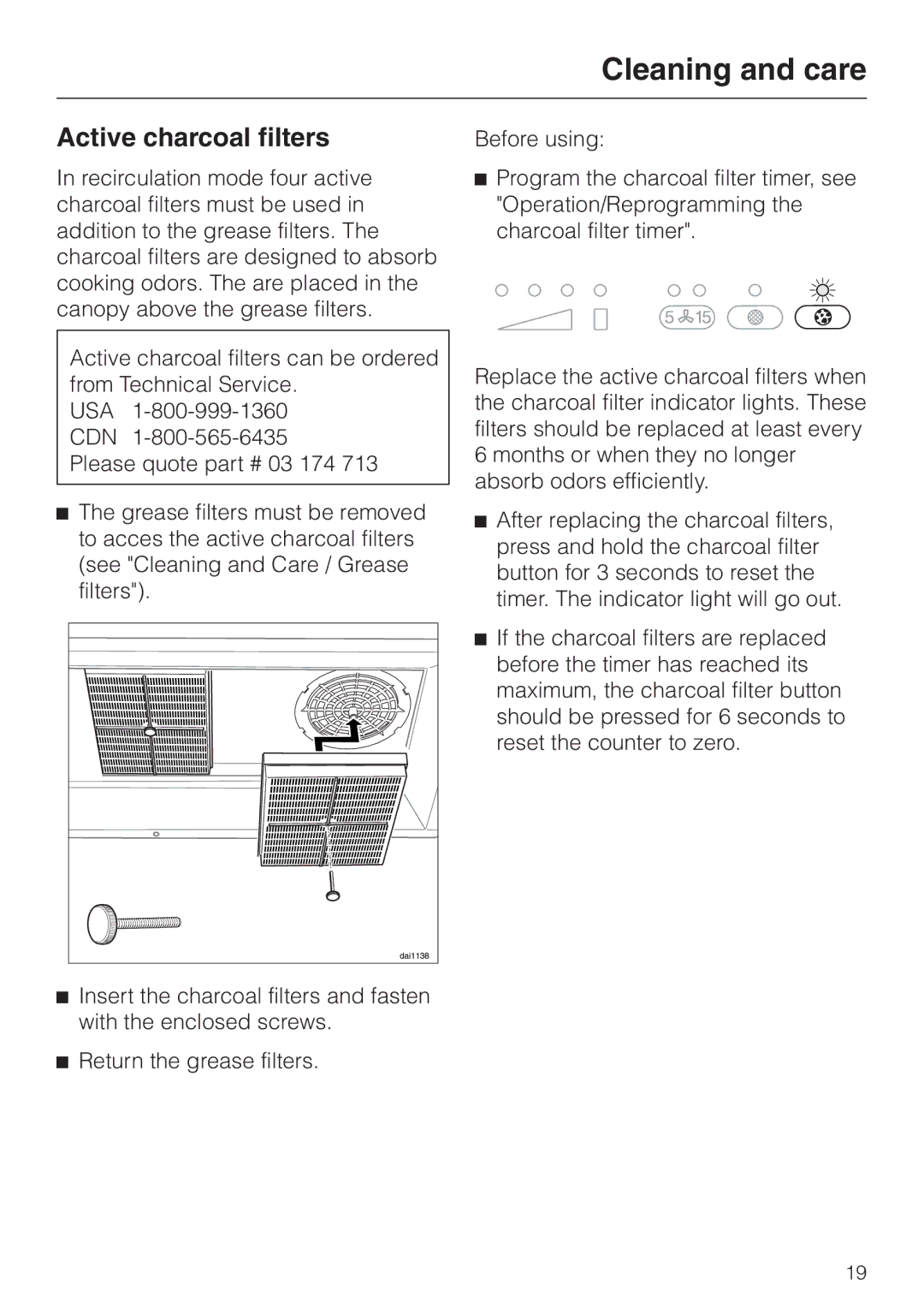 Miele DA362-110 installation instructions Active charcoal filters 